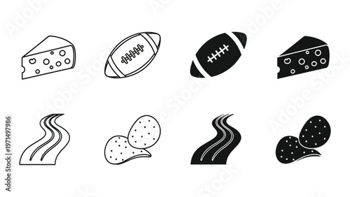 Contrasting icons of cheese, footballs, and chips in different styles and colors