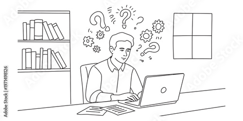 A young man sitting at a desk and thinking while working on his laptop in a home office setting Vector, illustration