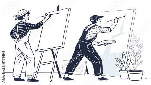 Two artists painting on canvas and wall with brushes and paint creative hobby and leisure activity