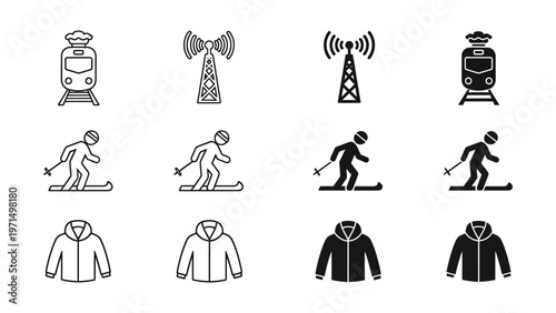 Winter sports and transportation icons paired with jackets for different weather conditions