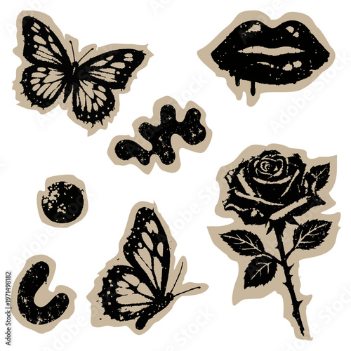 Grunge tattoo style elements set with butterfly rose lips and abstract shapes