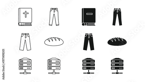 Symbolic representations of faith, clothing, and technology in icon form