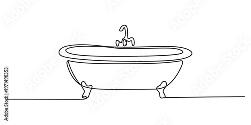 Minimalist continuous line drawing of a classic clawfoot bathtub isolated on a plain white background Vector, illustration