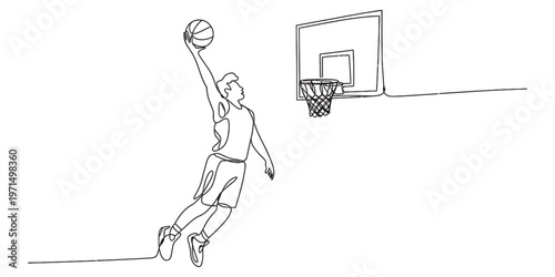 A single continuous line drawing of a basketball player performing a dynamic slam dunk maneuver. Vector, illustration