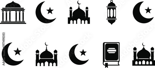 Islamic black silhouette icon set featuring mosque buildings crescent moon stars lantern and holy book for Ramadan Kareem and Eid celebration
