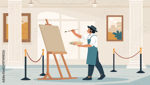 Professional artist painting on large canvas in a modern art gallery with easel and paint