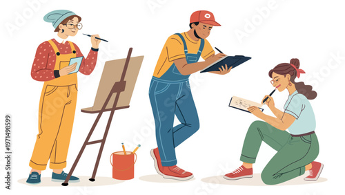 Three artists in different creative poses with painting easel and sketchpads