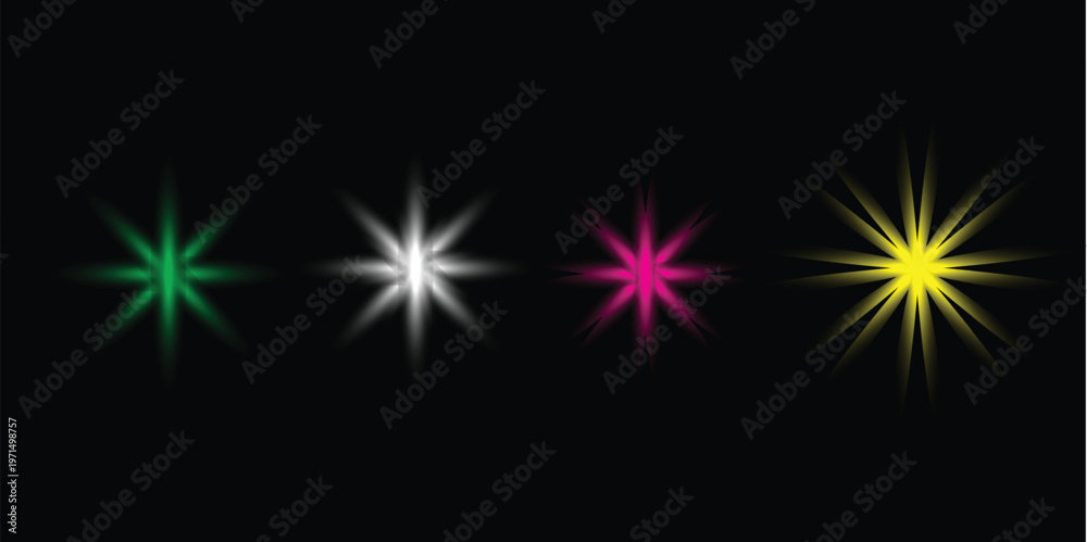 Fototapeta premium Four vibrant starbursts on black background a colorful and dynamic visual display