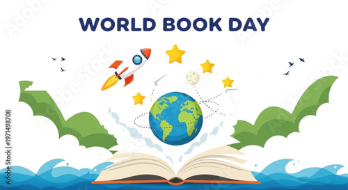 Open Book Journey to Knowledge and Imagination with Globe Rocket Stars for Children's Education