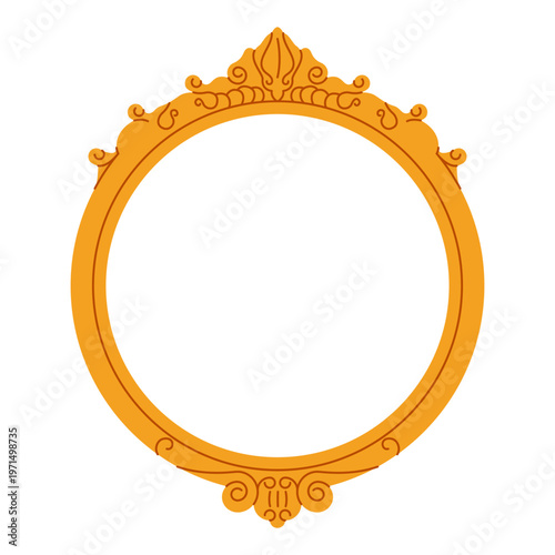 Vintage picture frame. Old antique mirror decorative borders, ornate baroque filigree photo frame silhouette, cartoon elegant gold luxury interior element. Vector flat illustration