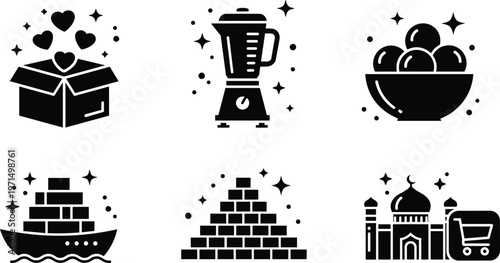 Black silhouette icon set featuring gift box blender bowl of dates cargo ship brick pyramid and mosque with shopping cart symbol