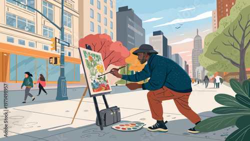 Street artist painting outdoors on canvas in urban city setting with buildings and pedestrians
