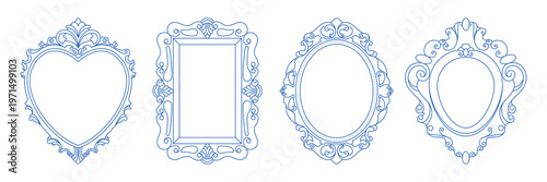 Vintage ornate picture frames. Antique decorative mirror borders, artistic rococo baroque filigree photo frame elements, classic fancy luxury design. Vector linear set