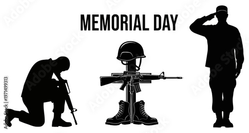 Military Memorial Day Silhouette Soldiers Saluting Fallen Comrade Battlefield Cross Symbolism