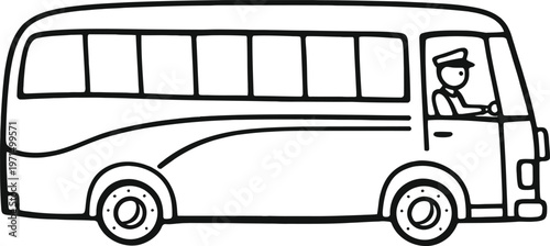 A simple black and white line art illustration of a modern passenger coach bus for coloring page
