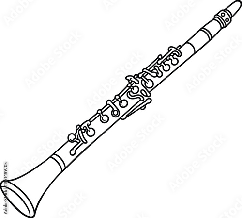 A continuous single line drawing of a clarinet musical instrument on a clean white background. Vector, illustration
