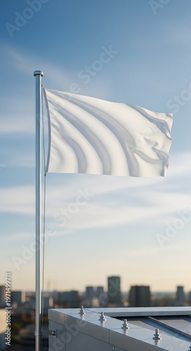 Pristine white flag gently rippling against a vibrant blue sky above a sprawling urban panorama, symbolizing peace, fresh starts, and future aspirations
