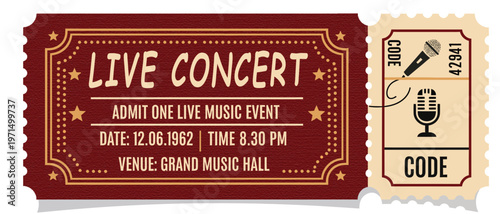 Vintage Live Concert Ticket Admit One Music Event live music