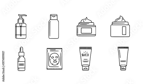 “Skincare product line icon set with lotion, cream, serum, sunscreen, and cosmetic tube symbols in minimalistic vector outline style”