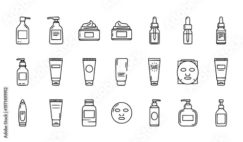 “Linear skincare product icon set with cream, lotion, serum, sunscreen, and cosmetic tube symbols for modern UI and cosmetic design”