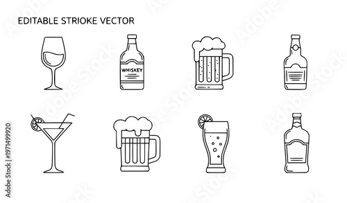“Editable alcohol beverage icon set with beer, wine, whiskey, and cocktail symbols in minimal line art for bar and menu design”