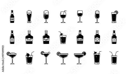 “Alcohol drinks line icon set with beer, wine, whiskey, and cocktail bottles for pub menu and beverage illustration vector”