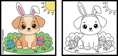 Cute Cartoon Puppy with Bunny Ears and Easter Eggs in a Sunny Garden
