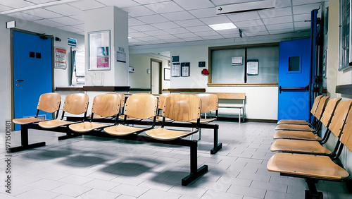 Obraz na plátně Empty hospital waiting room with rows of wooden chairs and blue doors