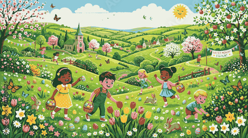 Children joyfully exploring a vibrant spring meadow with blooming flowers lush greenery and a charming countryside backdrop