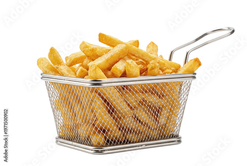 Deep fried french fries in wire frying basket