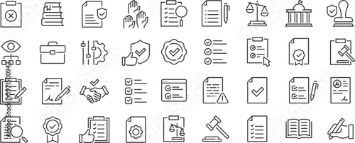 Compliance web 36 icons in line style. Regulations, policy, legal document, quality control, responsibility, law. Editable stroke.