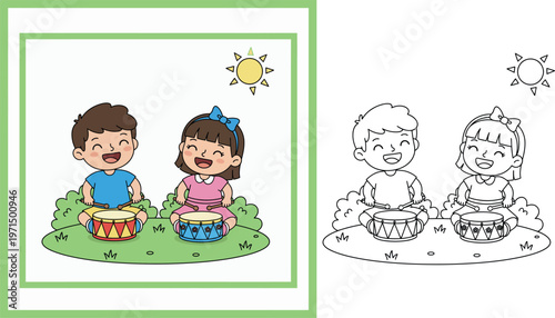 Cute Cartoon Kids Playing Drums in a Sunny Outdoor Setting