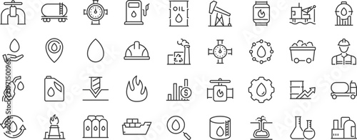 Oil and Gas web 36 icons in line style. Fuel, gas station, refinery, petroleum, oil well, gas pump, energy, barrel, industry, transportation, collection.