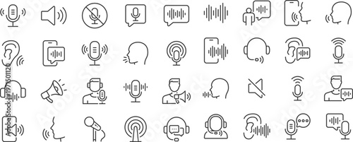 Voice web 36 icons in line style. Sound wave, voice recognition, message, audio, speech, collection. Editable stroke.