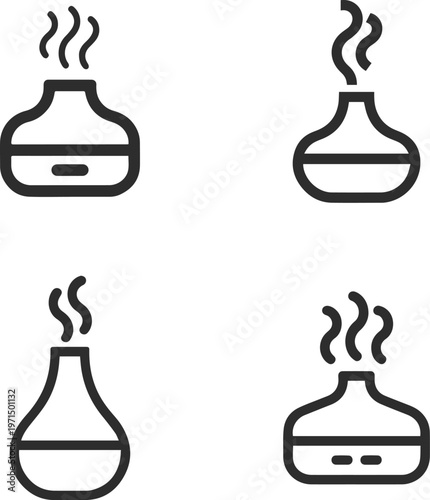 Collection of four minimalist line art icons representing essential oil diffusers emitting aromatic steam, showcasing diverse designs for modern wellness and aromatherapy applications