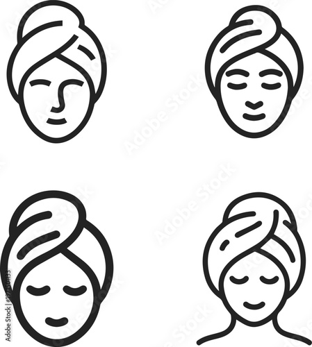 Set of four simple line art icons depicting women's faces with towels wrapped around their heads, representing spa, beauty, and self-care routines, perfect for wellness websites and cosmetic branding.