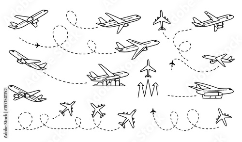 Airplane Flight Route Dashed Line Vector Set Flying Plane Travel Path Collection