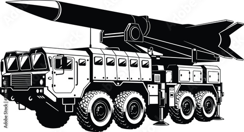 Military missile launcher truck silhouette illustration with mounted missile, defense technology artwork, warfare design concept, black and white vector template set