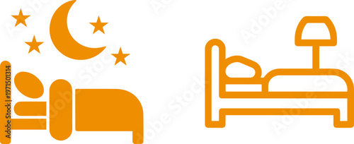 Orange icons depicting a person sleeping under a starry night sky and a bed with a bedside lamp, symbolizing rest, sleep, and hotel accommodations
