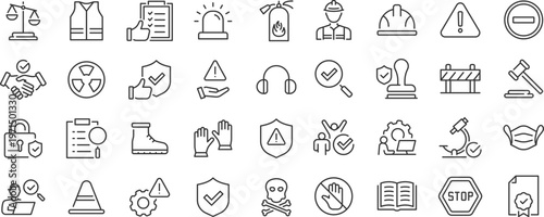 Work Safety web 36 icons in line style. Protection, risk management, workplace security, insurance, health, hazard, helmet. Editable stroke.