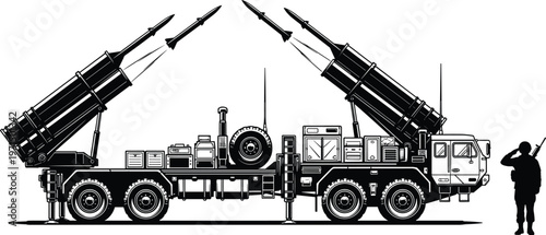 Military missile launcher vehicle silhouette illustration with soldier salute, defense technology artwork, warfare design concept, black and white vector template set
