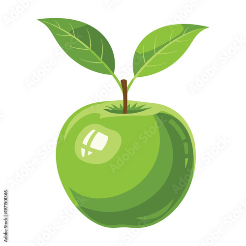 A fresh green apple with two leaves on a white background, perfect for healthy food concept.