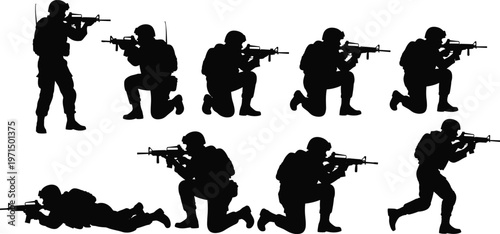 Military soldiers silhouette set with tactical infantry squad in combat poses isolated on white background army vector illustration collection set.