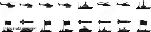 Military vehicle icon collection with helicopter warship submarine missile naval aircraft artwork, black vector template set