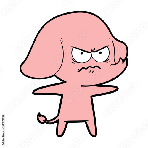 Cartoon illustration of a grumpy pink elephant with an angry facial expression and a small tail.