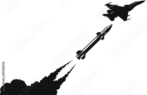 Missile launch silhouette, fighter jet silhouette, military attack vector, rocket launch illustration, defense weapon silhouette vector illustration design