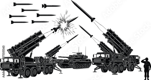 Missile defense system silhouette illustration with interception, military vehicles tank soldier artwork, warfare design concept, black and white vector template set