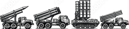 Missile launcher military vehicle icon collection with rocket artillery defense weapon artwork, black vector template set