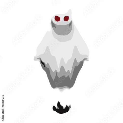Spooky white ghost with glowing red eyes and a dark shadow isolated on a white background.