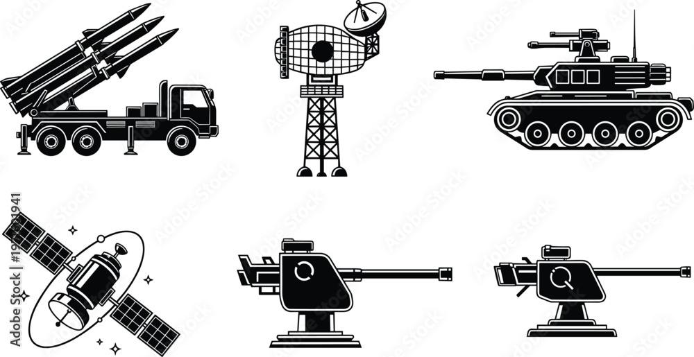 Ταπετσαρία Modern Military Defense System Icon Set Featuring Missile Launcher Truck Radar T